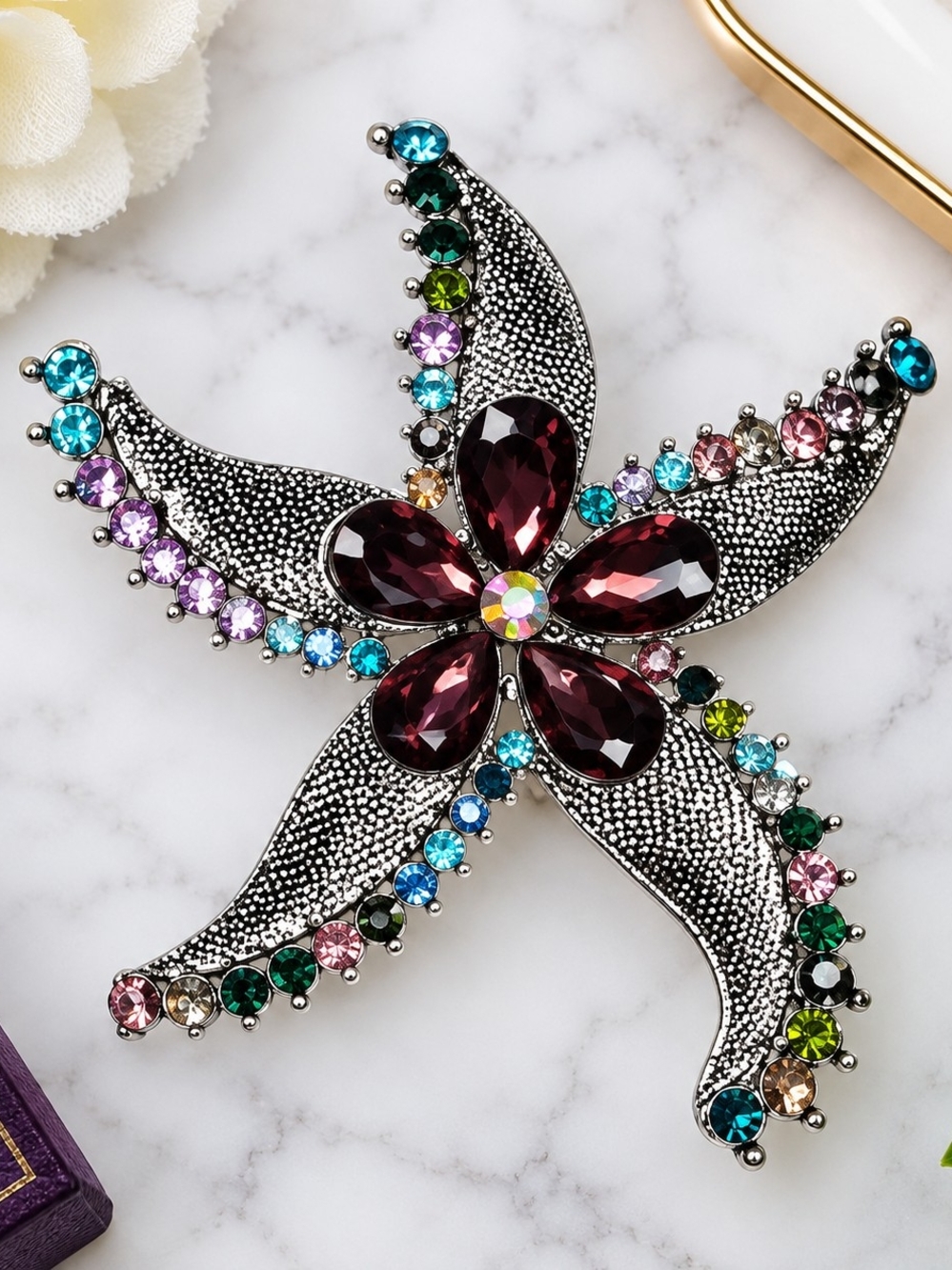 Multicolor Crystal Starfish Brooch - Statement Women’s Accessory